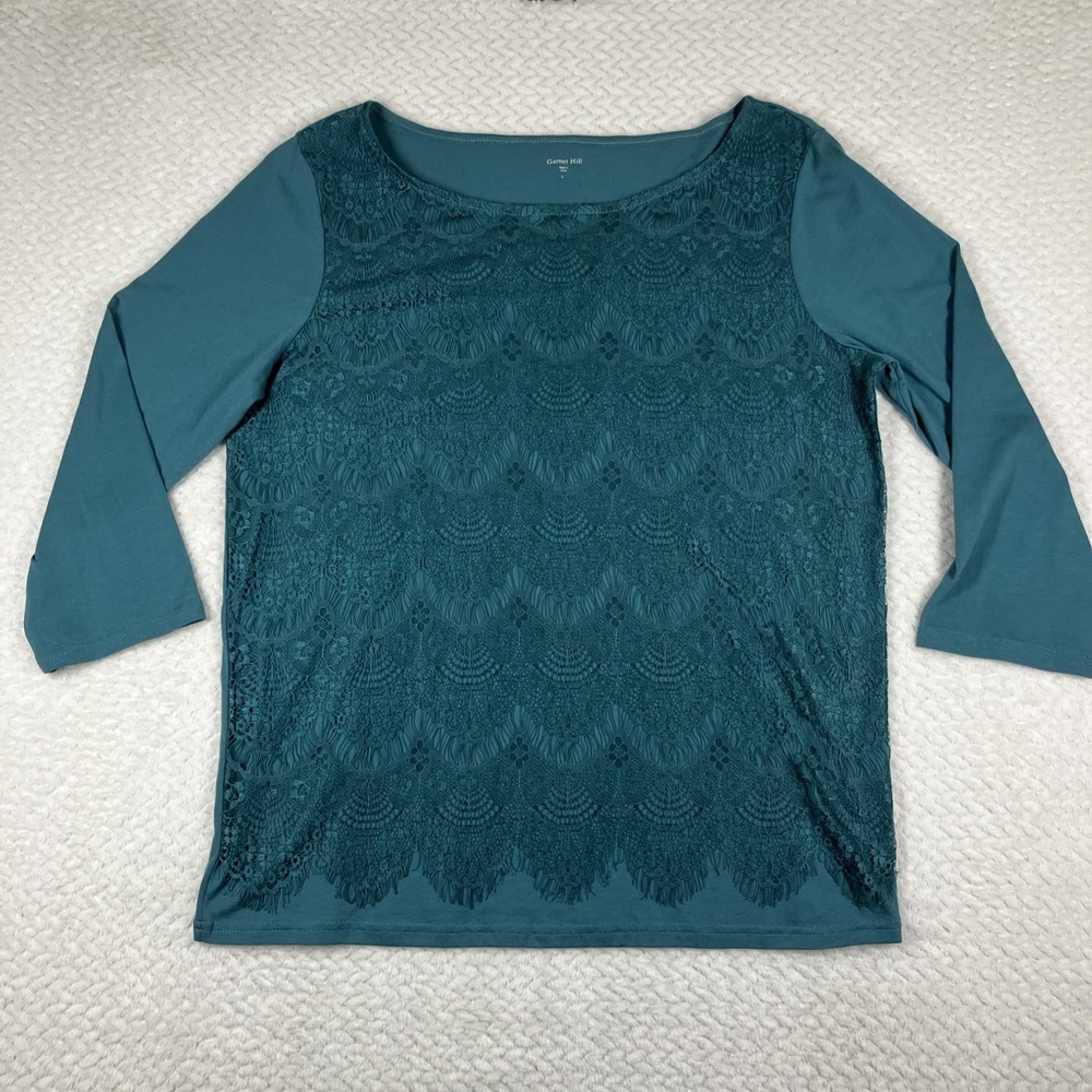 Garnet Hill Top Womens Large Blue Lace Overlay Boat Neck Cotton Modal Soft